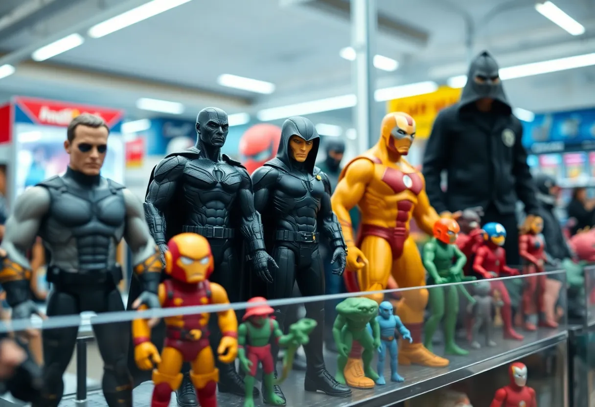 Display of action figures in a retail setting.