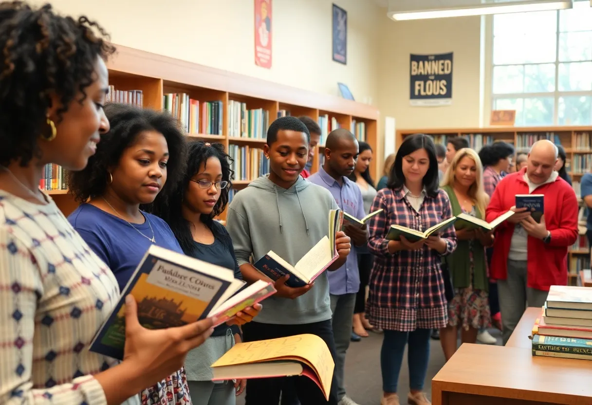 Community gathering for Banned Books Week with books and readers.