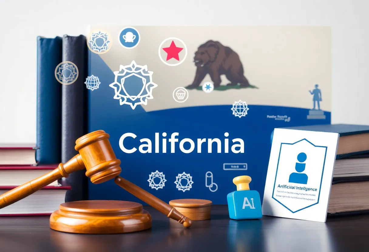Illustration of California AI regulation law with safety symbols