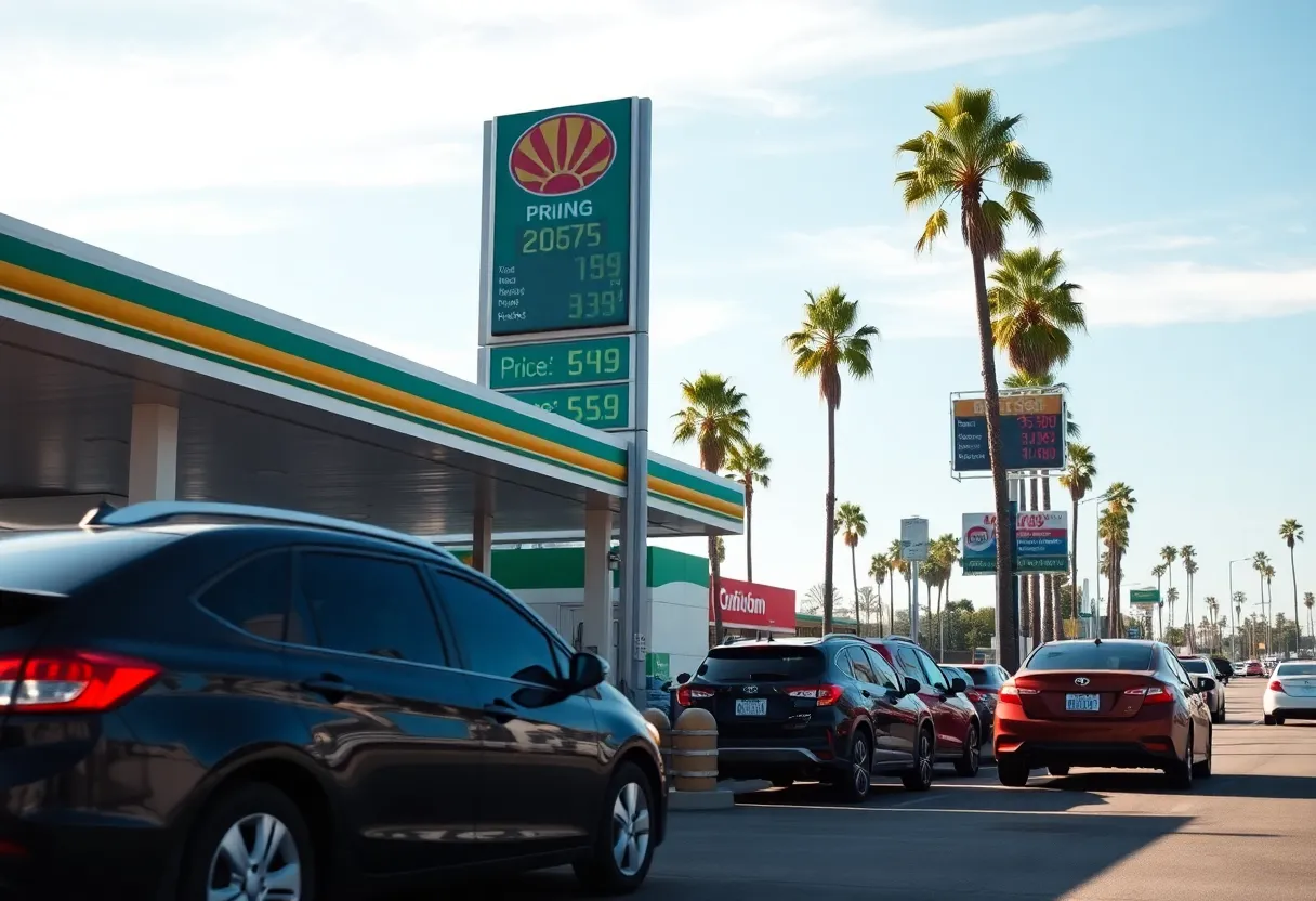 Cars at a California gas station showing rising gas prices.