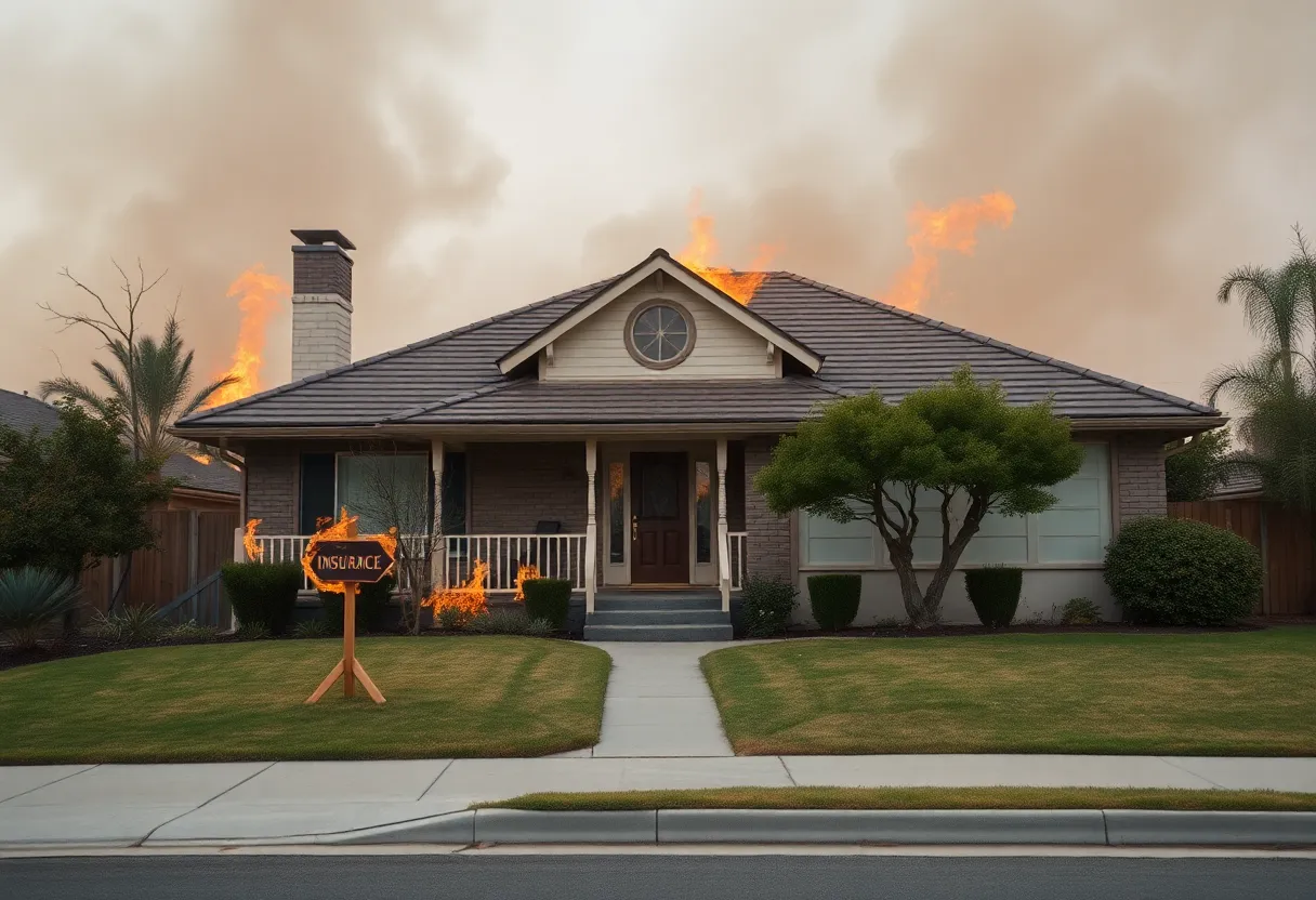 A house in California affected by wildfire showing insurance rate increase context.