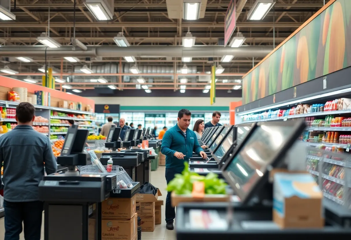Interior of a grocery store with self-checkout stations and an employee supervising the area.