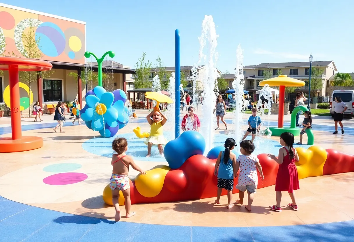 Colorful splash pad with community artwork and families enjoying the area.