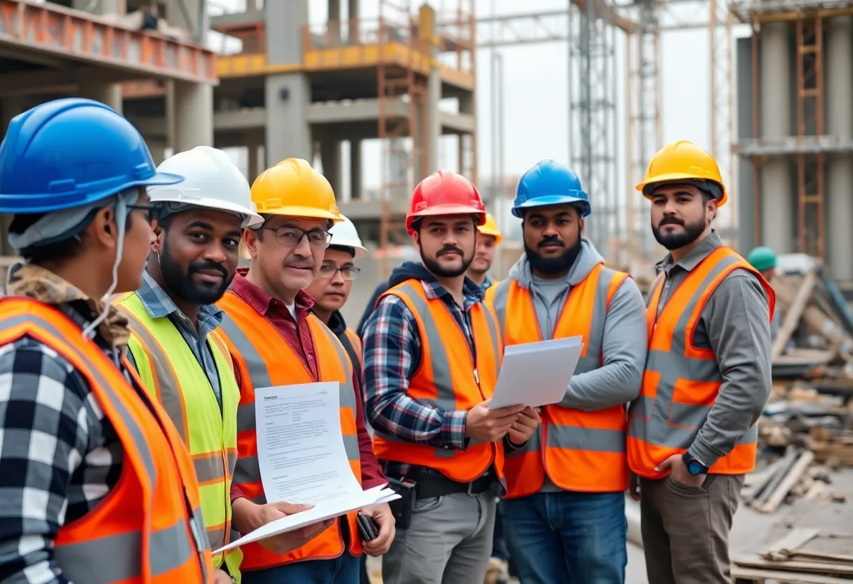 Contractors at a construction site ensuring workers' compensation compliance