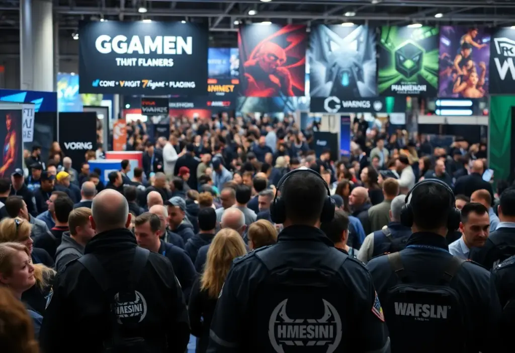 Security personnel at a gaming convention monitoring the crowd.