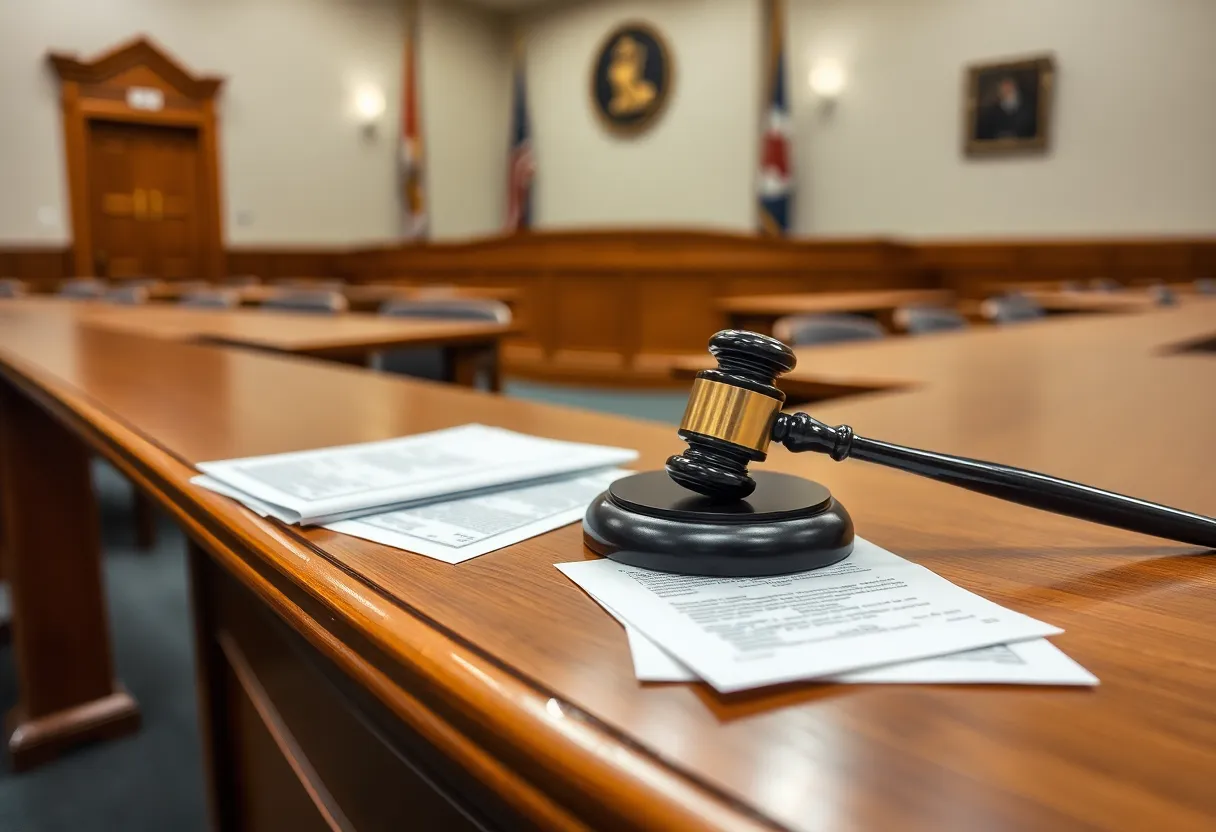 Courtroom during a legal hearing regarding child support issues
