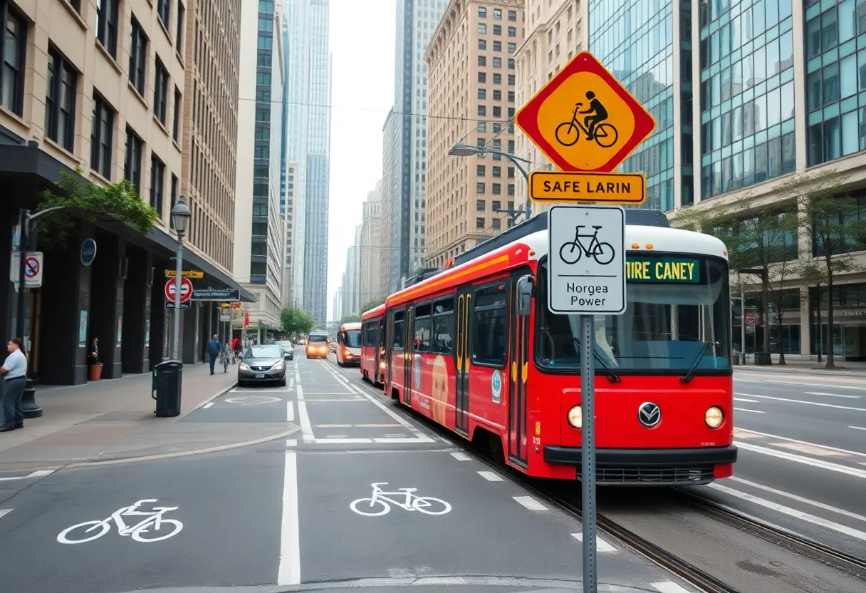 Trolley near City Hall with visible bike lanes