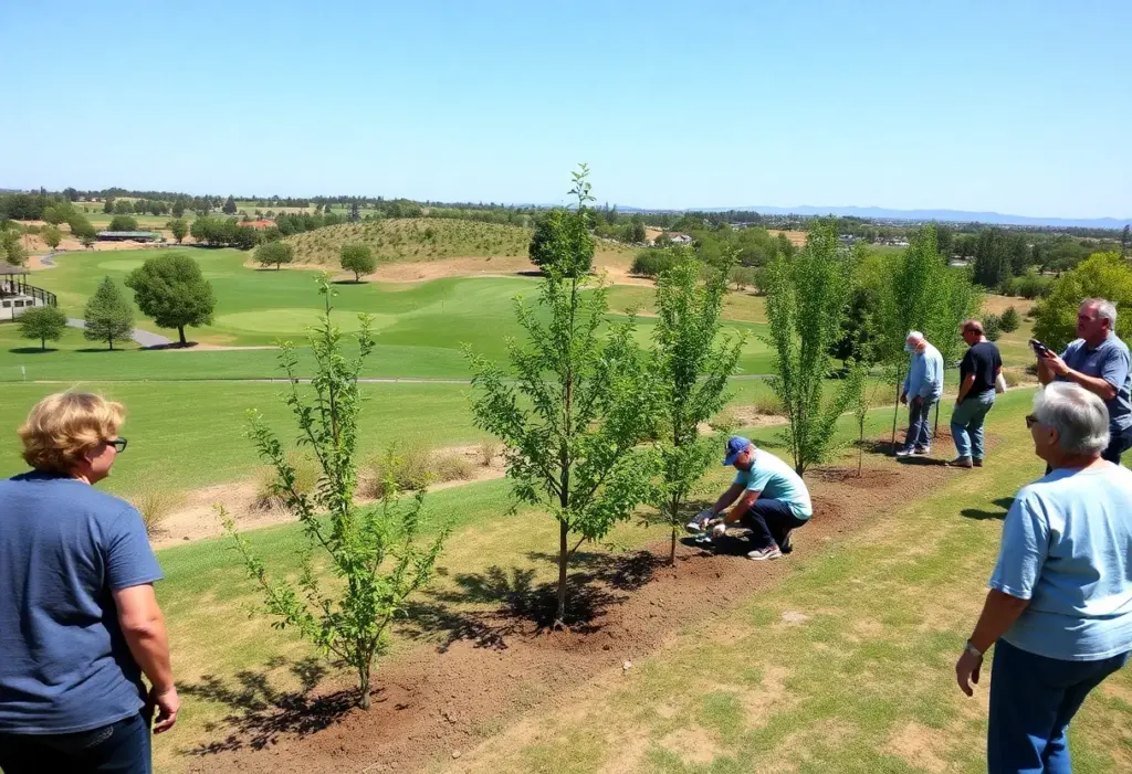 Community members planting trees on a golf course