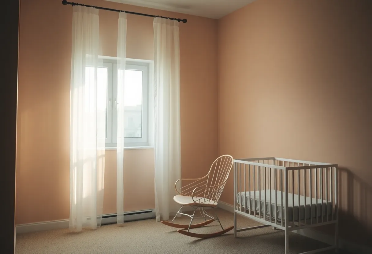 An empty nursery bathed in soft light