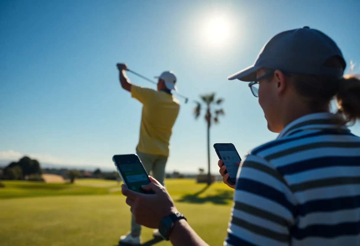 A golfer on a scenic golf course in San Diego using a smartphone for golf bookings.