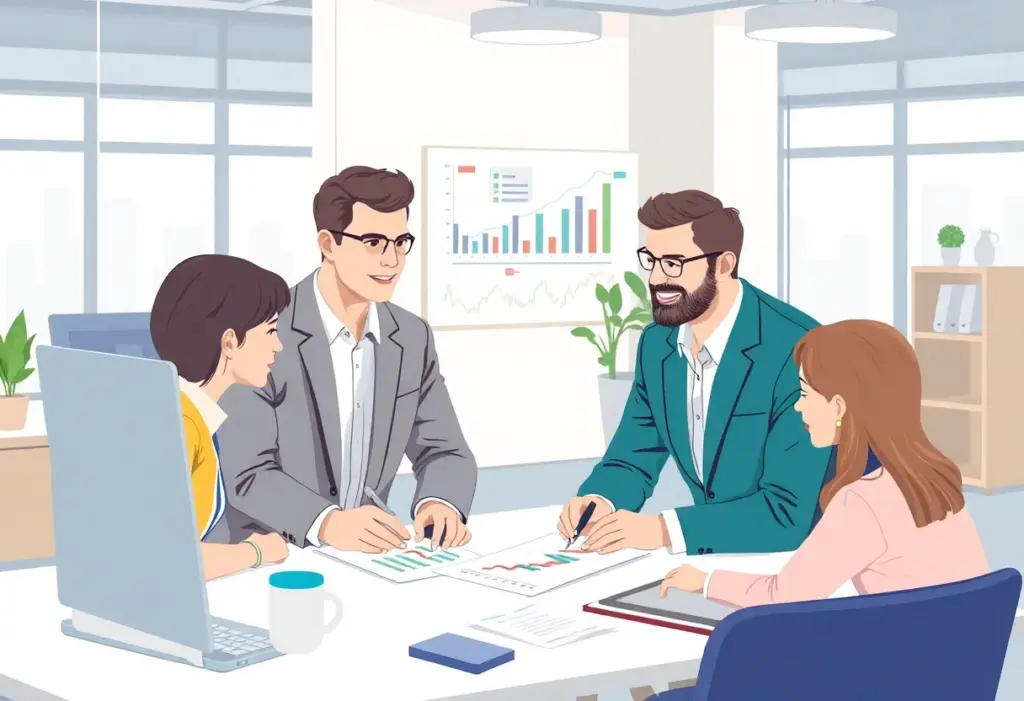 Financial advisor assisting small business owners with financial strategies.