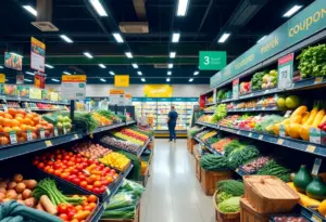 Grocery store display with digital and printed coupon signage