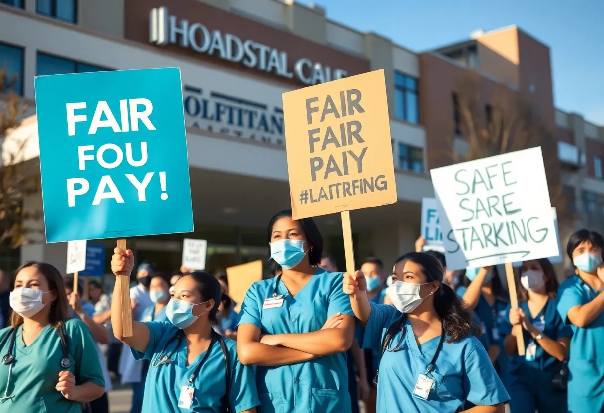 Healthcare workers holding signs during a protest for fair wages and safe staffing.
