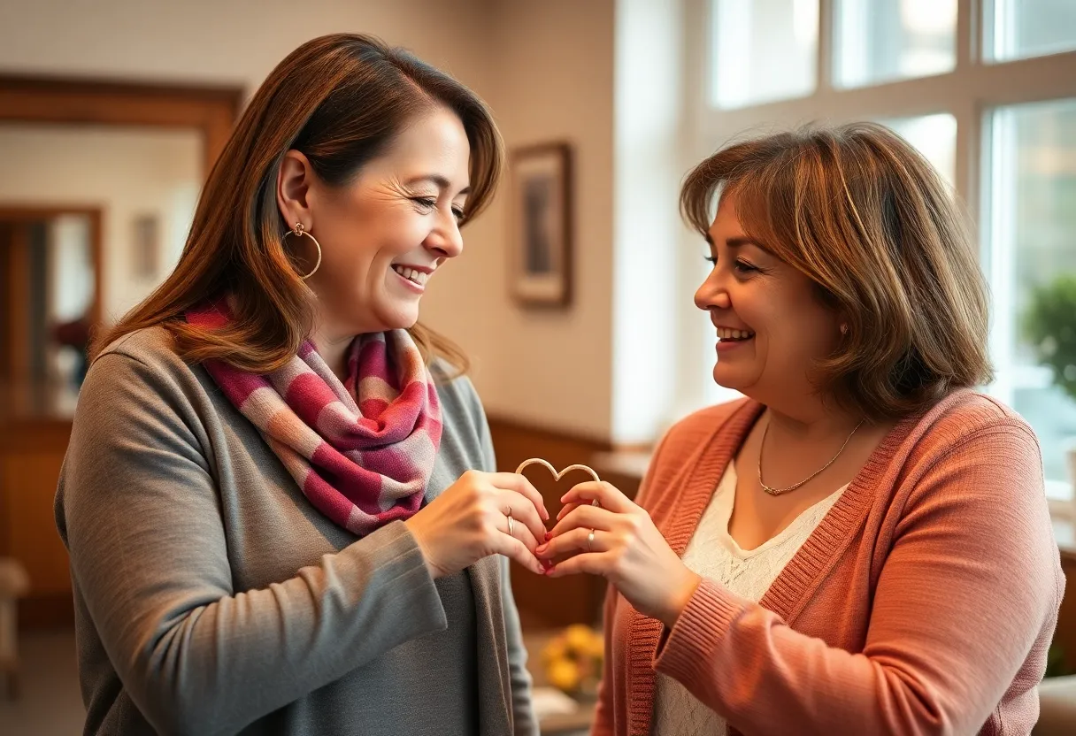 Two women sharing an emotional moment, holding a heart-shaped necklace.