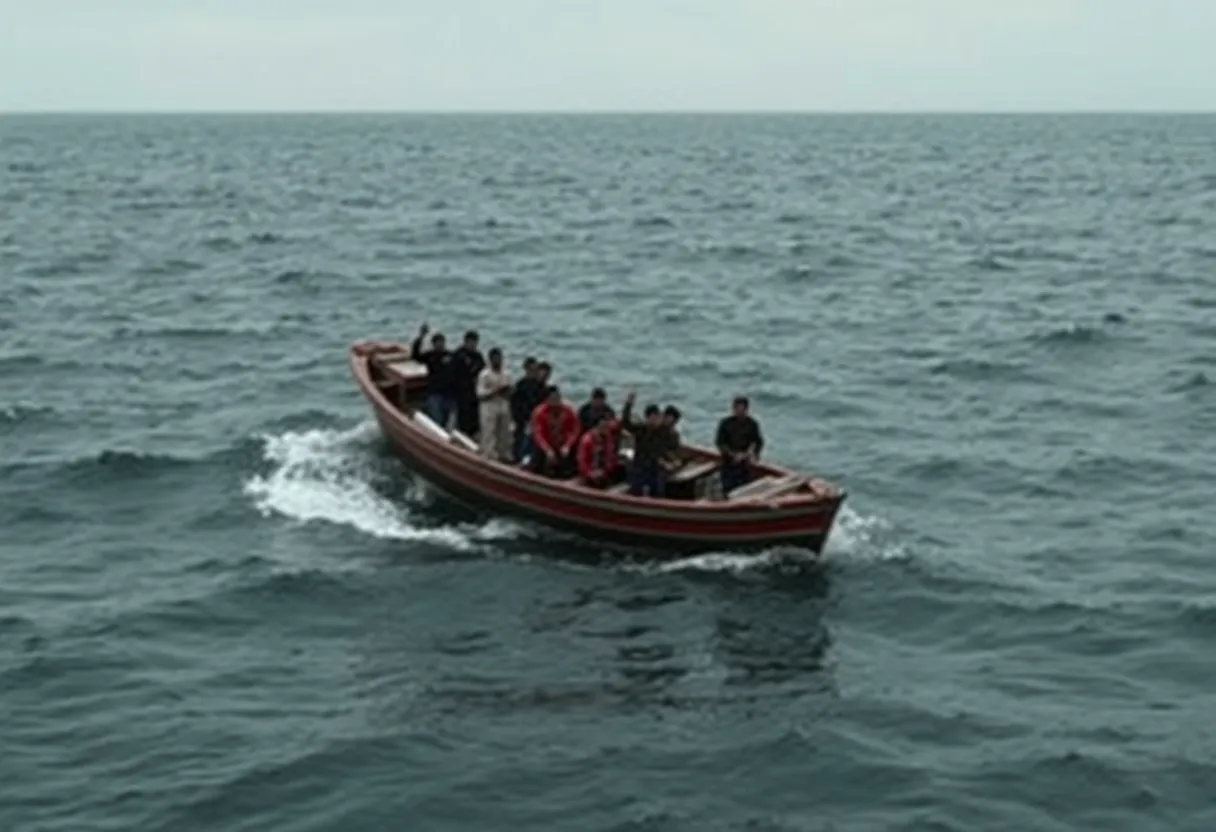 A small boat at sea with individuals onboard, representing human smuggling dangers.