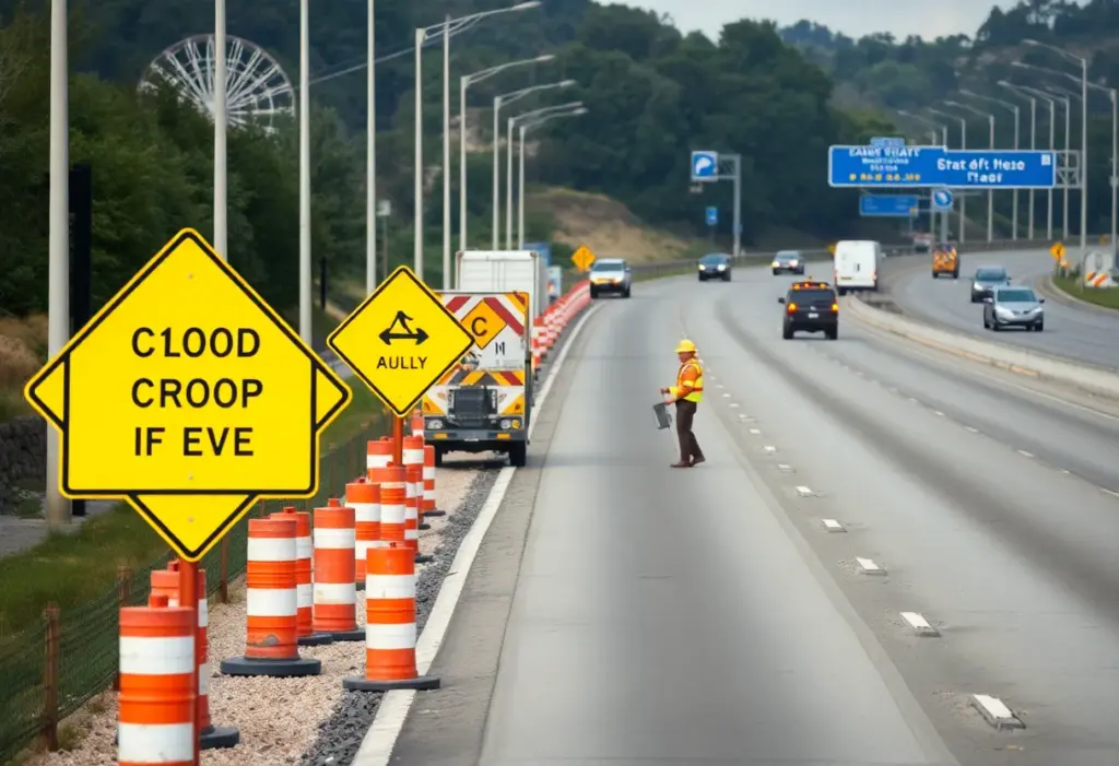 Construction workers and road signs on I-5 during closure