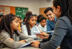 High school students in a classroom using modern teaching methods.