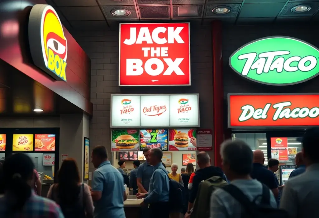Exterior view of a Jack in the Box restaurant with Del Taco signage in the background