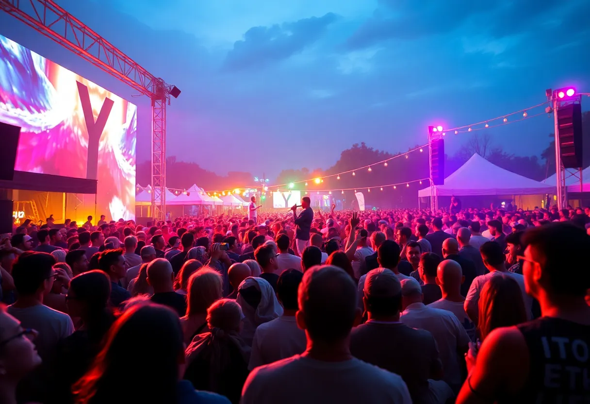 A concert featuring musicians performing to an enthusiastic crowd under bright lights.
