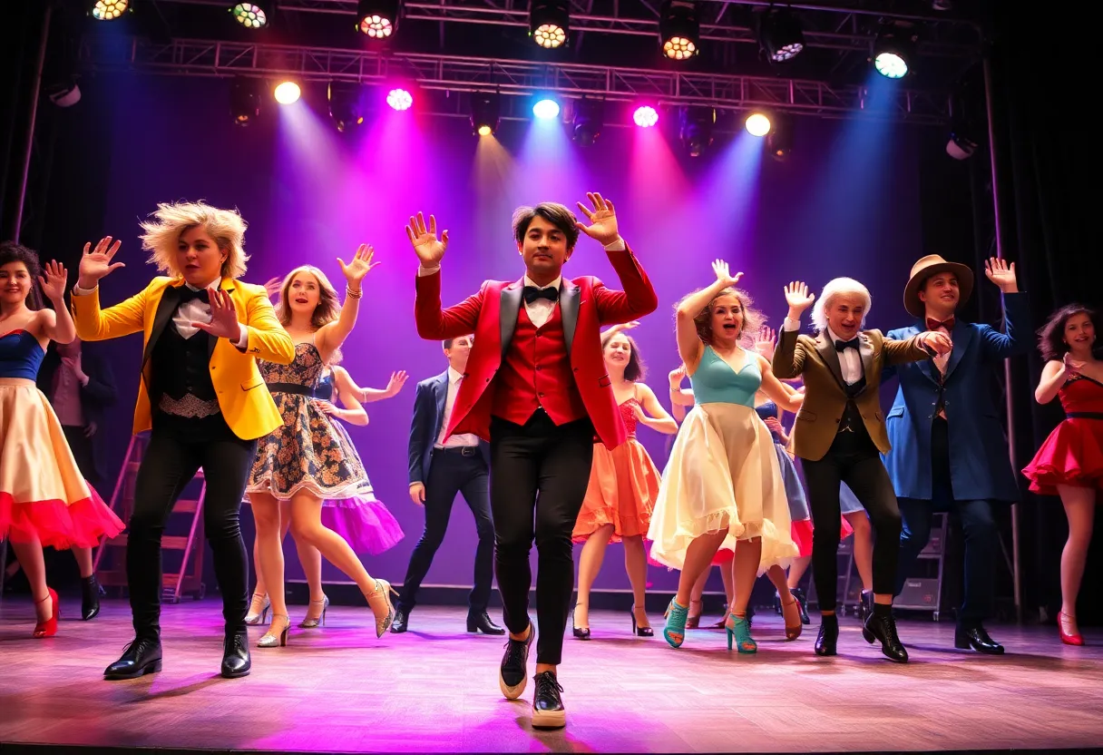 The vibrant stage of & JULIET musical featuring dancers in contemporary costumes