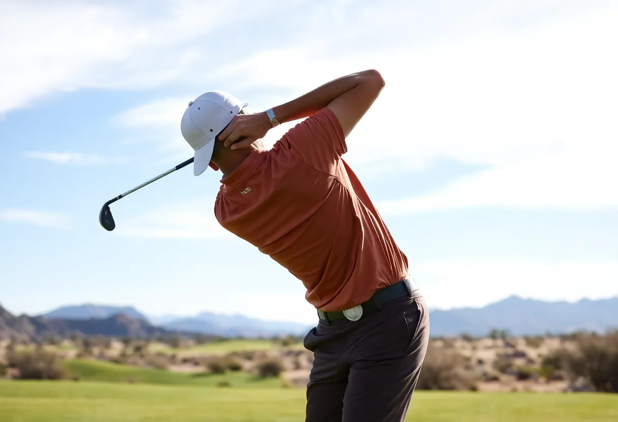 Golfer demonstrating swing technique at tournament