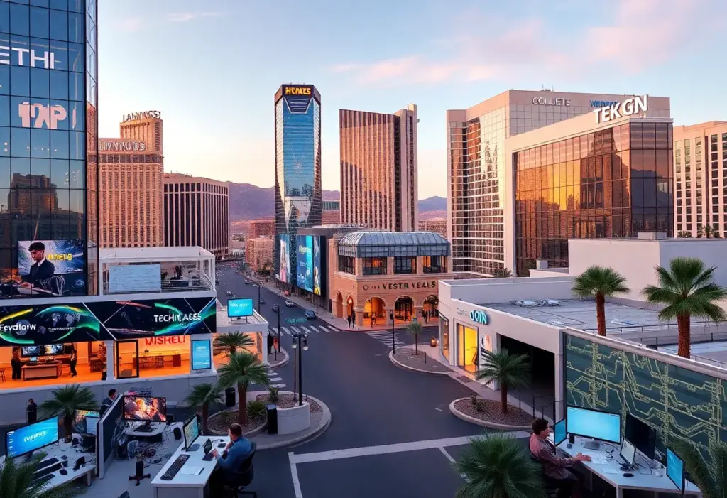 Aerial view of Las Vegas with a focus on tech company headquarters.