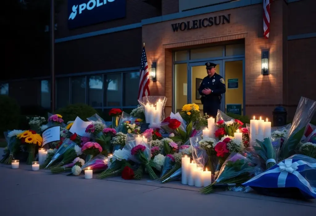 Memorial site with flowers and candles in honor of a deceased police officer