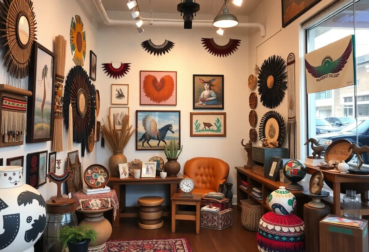 Interior view of Native Star boutique showcasing Native American crafts and art.