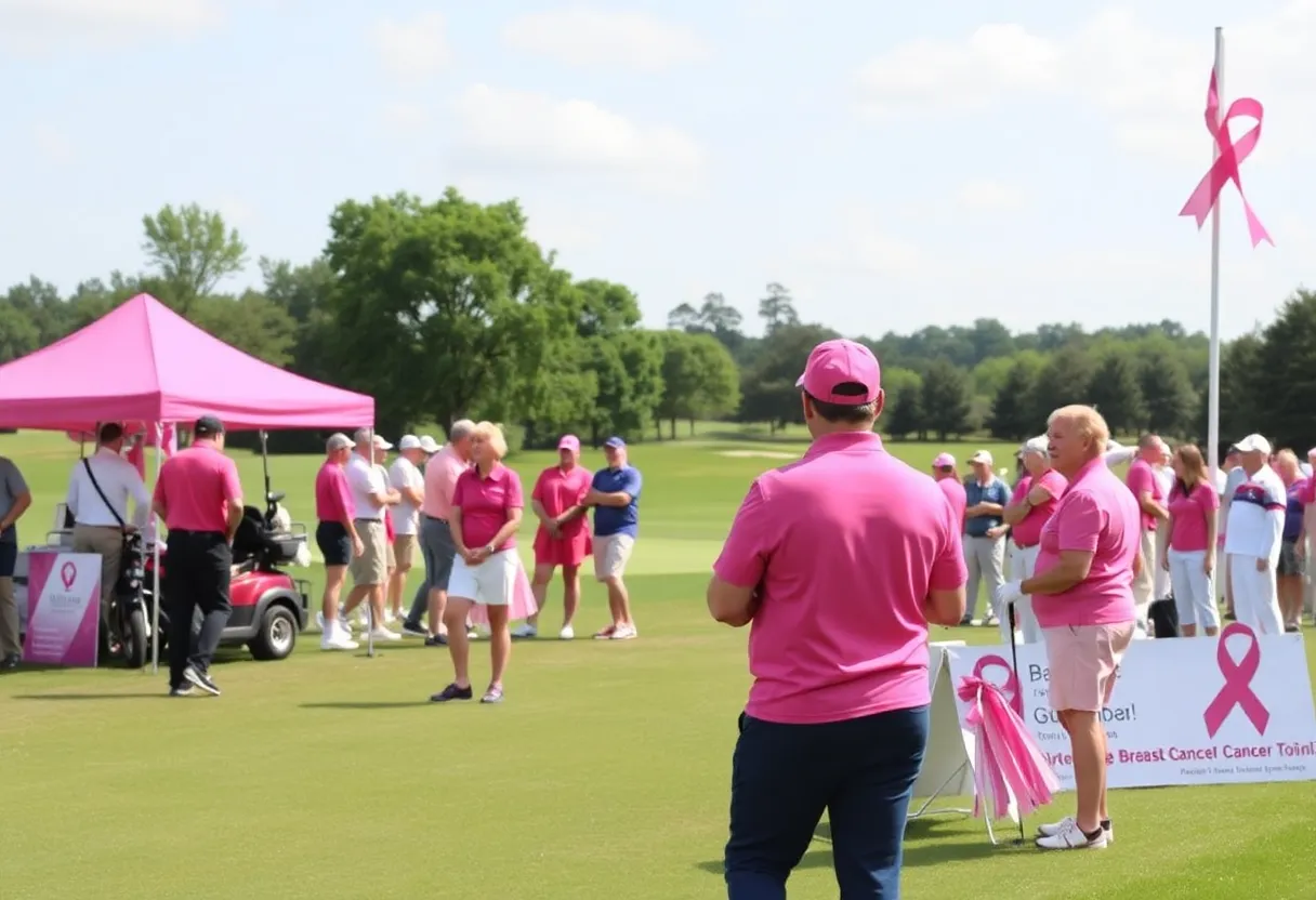 Participants at the Pink and Purple Golf Tournament in San Diego supporting breast cancer awareness.