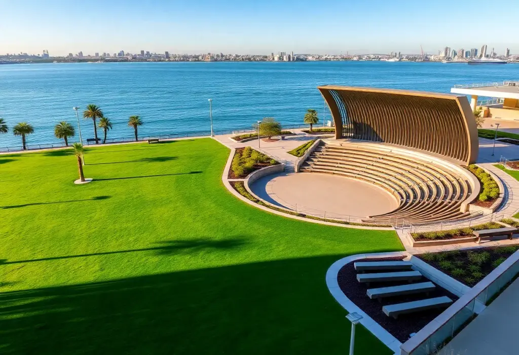 View of Progress Park in San Diego, showcasing grassy areas and a scenic waterfront.