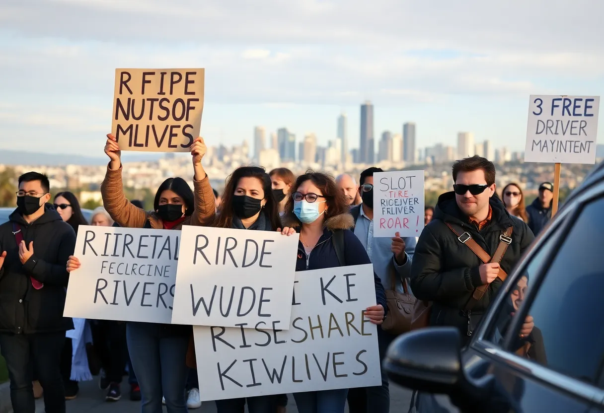 Rideshare drivers raising signs in California
