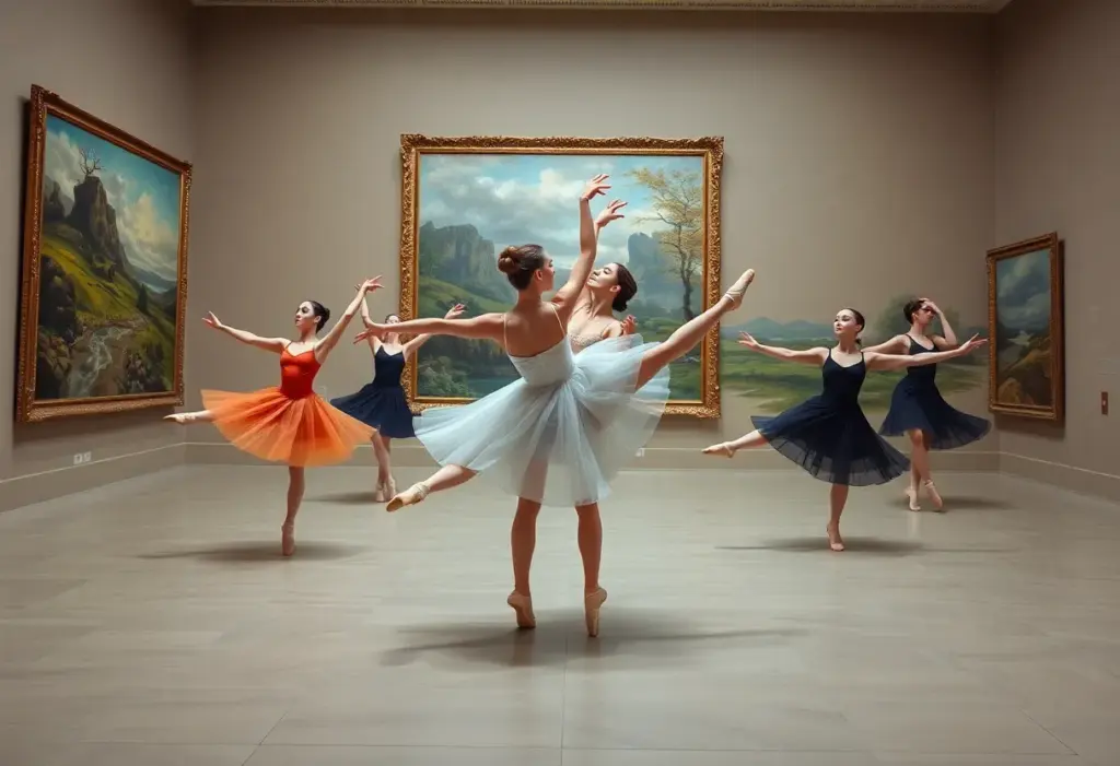 Dancers performing in a ballet inspired by landscapes in an art museum