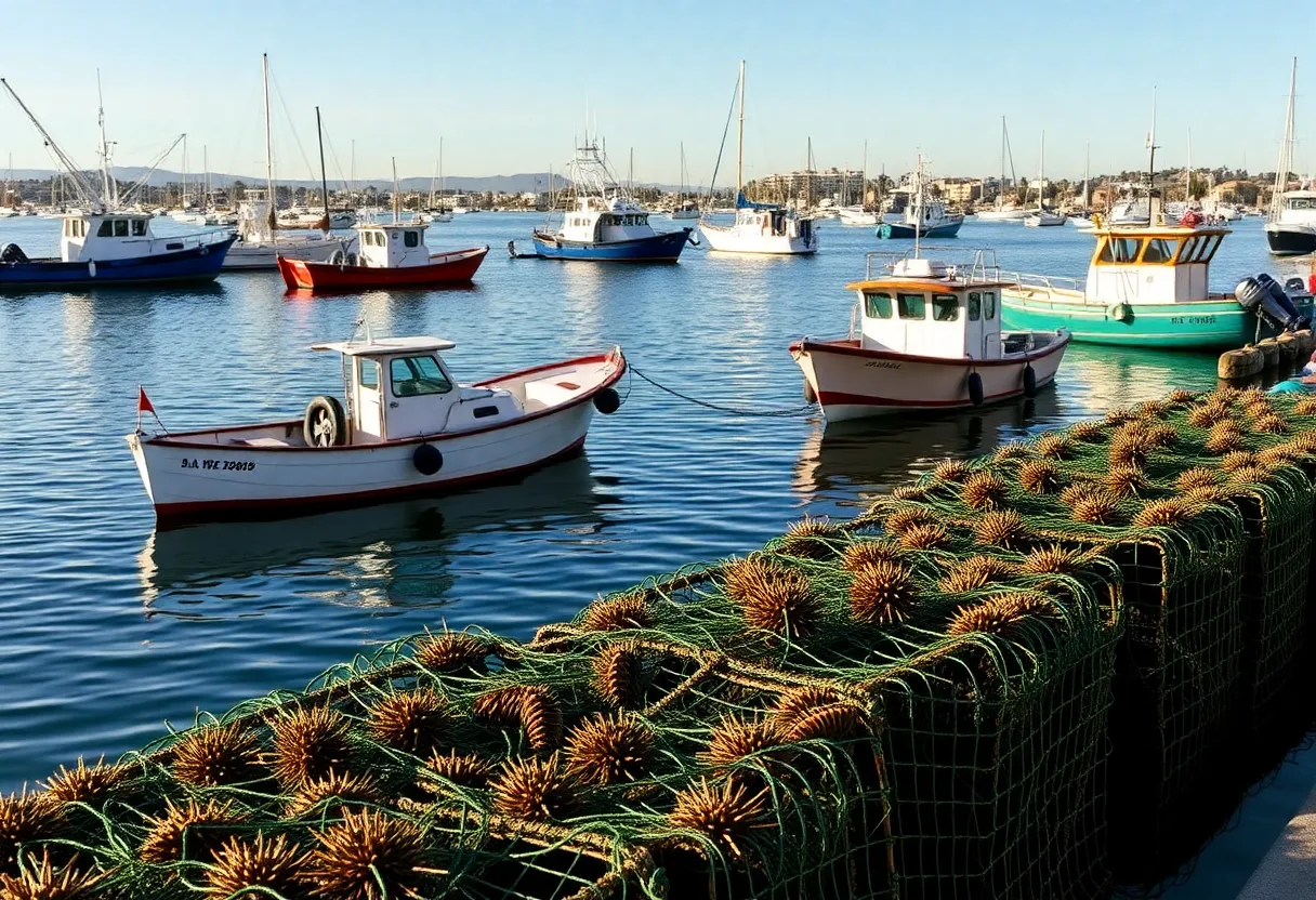 Fishing boats in San Diego Bay with spiny lobster traps