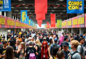A crowded scene at San Diego Comic-Con badge registration, featuring fans wearing costumes.