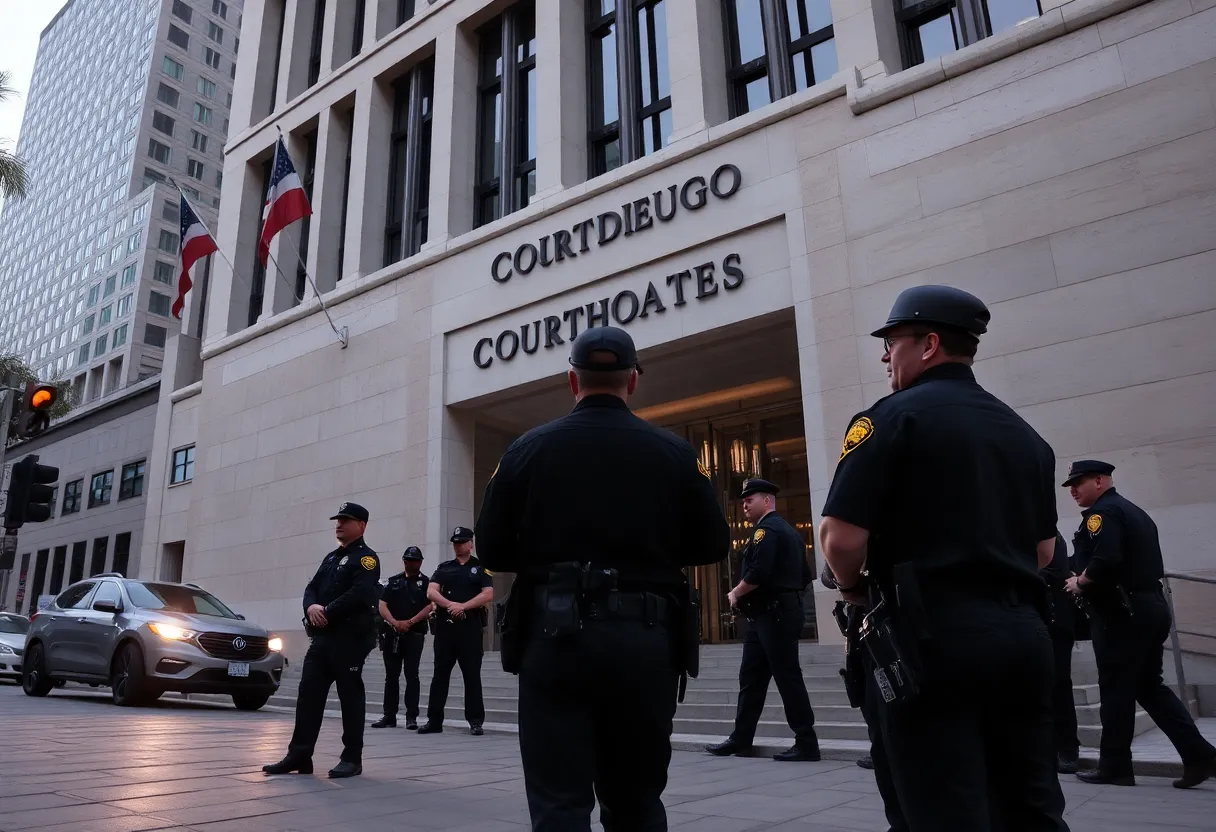 San Diego courthouse with police presence