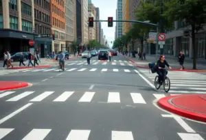 Urban intersection with no parking signs and painted curbs in San Diego
