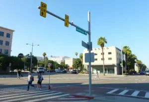 Pedestrians at a crosswalk in San Diego with clear signage