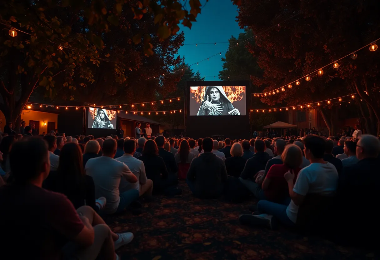 Outdoor cinema in San Diego showcasing classic horror films during fall.