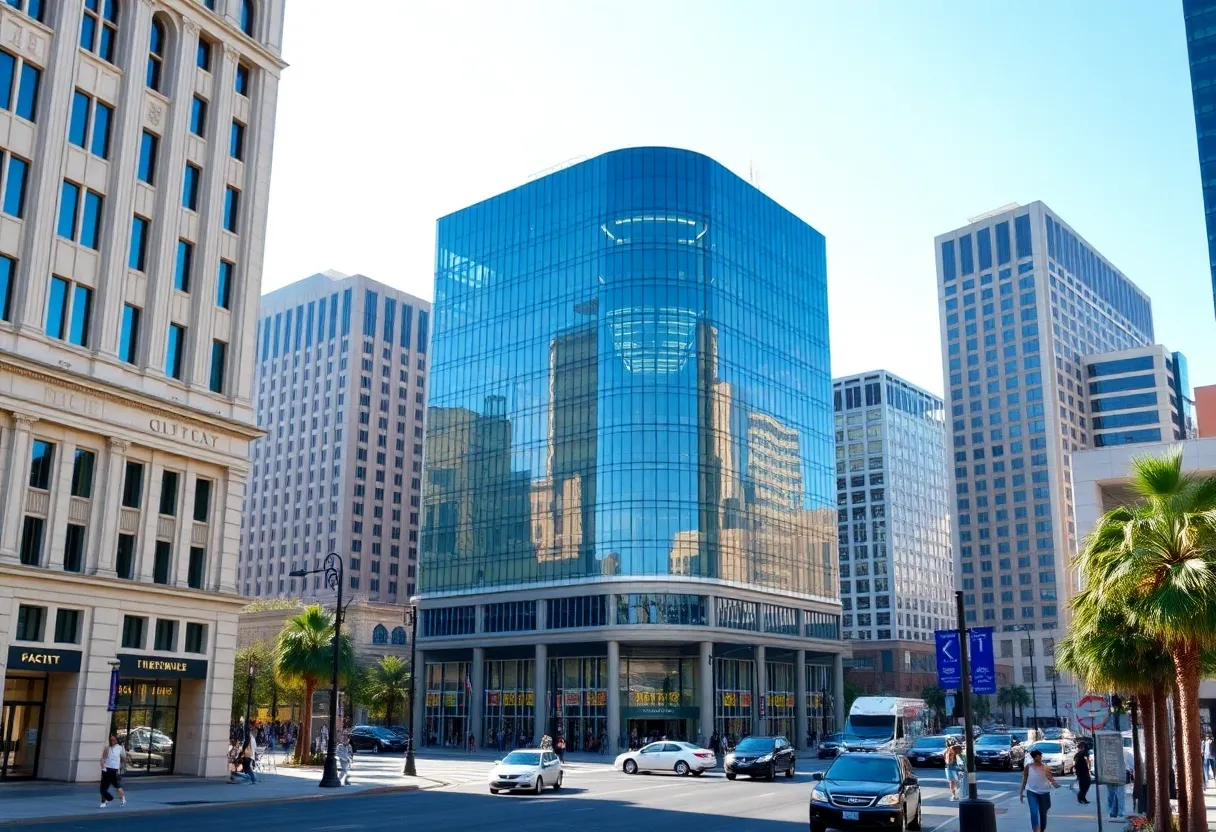 A panoramic view of financial buildings in San Diego's downtown area.