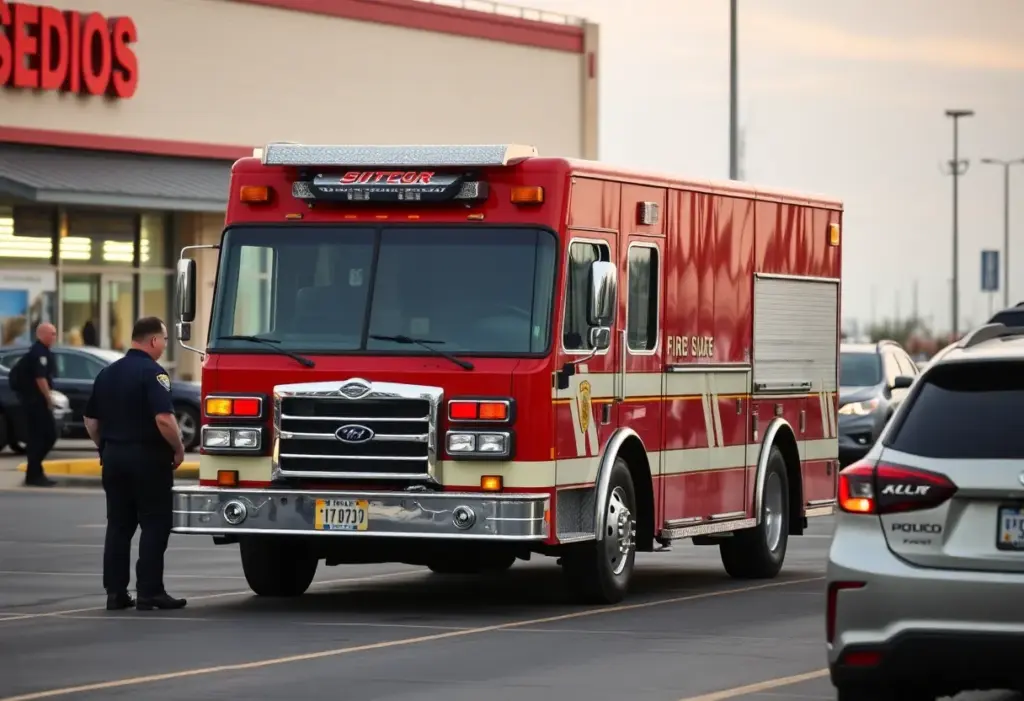 Fire engine parked in a parking lot with officers
