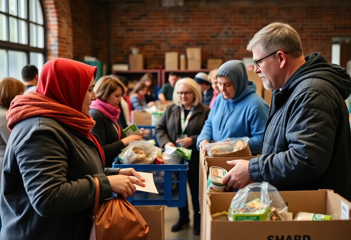 People receiving assistance at a food bank in San Diego