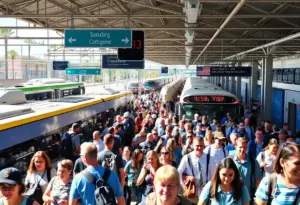 Crowded San Diego public transit station on Free Ride Day