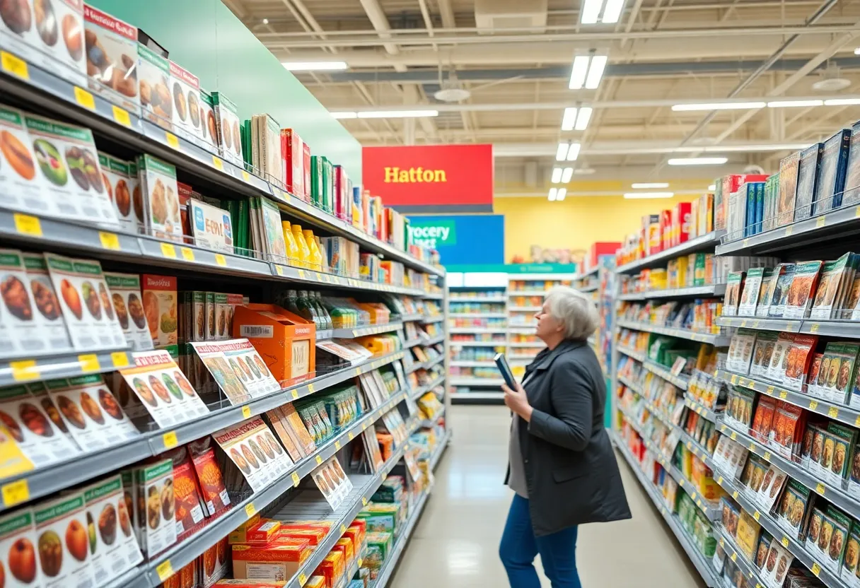 A grocery store aisle featuring physical coupon flyers for in-store discounts.
