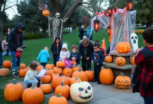 Families celebrating Halloween in San Diego with festive decorations and activities.