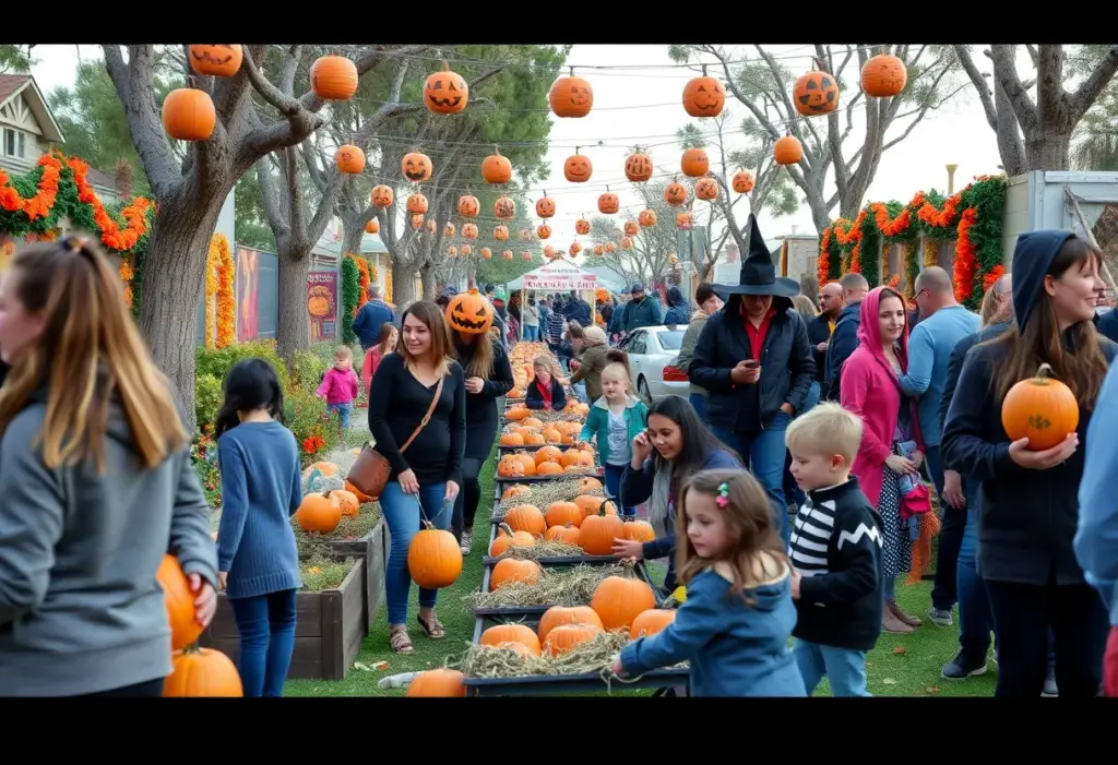 Families celebrating Halloween in San Diego with pumpkins and decorations