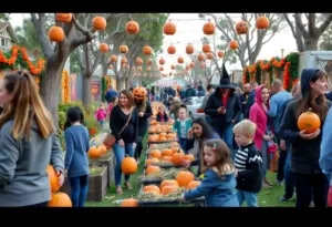 Families celebrating Halloween in San Diego with pumpkins and decorations