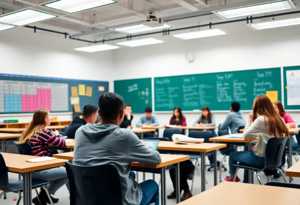 Students in a modern classroom engaged in learning activities