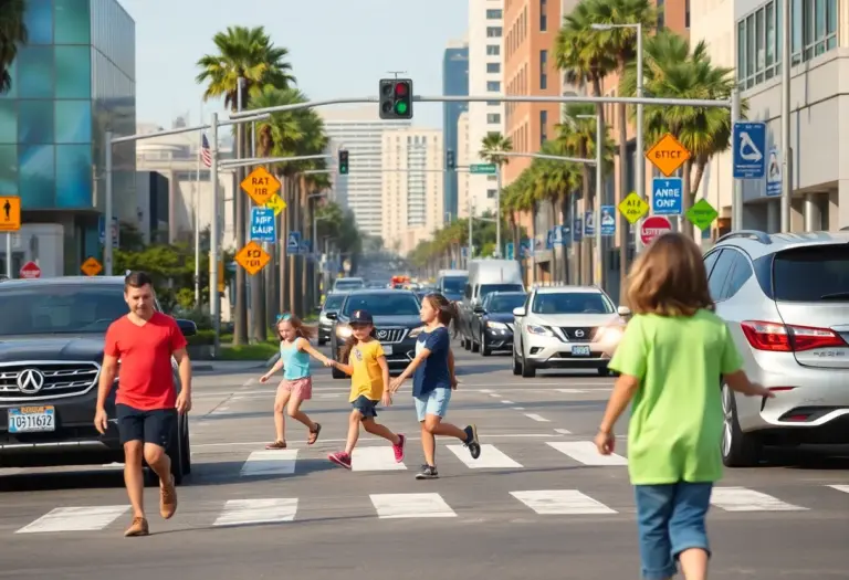 Scene of busy San Diego street with pedestrians crossing safely