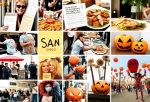 Collage of San Diego events in October featuring literature, food, and Halloween activities.