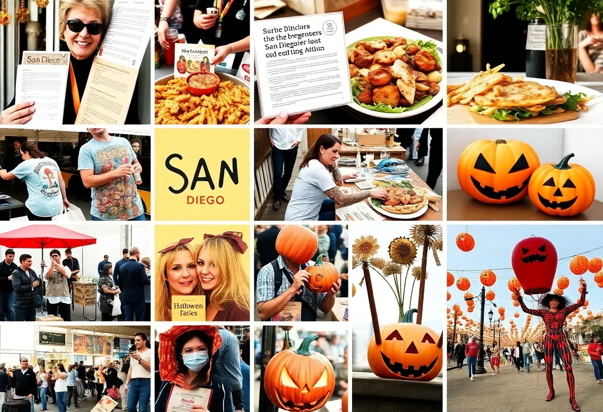 Collage of San Diego events in October featuring literature, food, and Halloween activities.